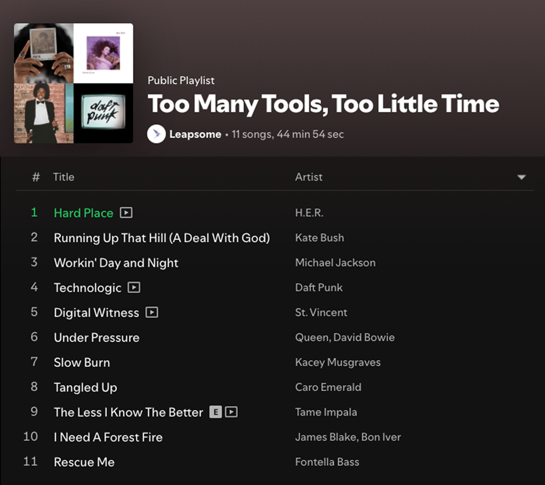 Screenshot of a Spotify playlist titled “Too Many Tools, Too Little Time” by Leapsome, featuring 11 songs including “Hard Place” by H.E.R. and “Technologic” by Daft Punk.
